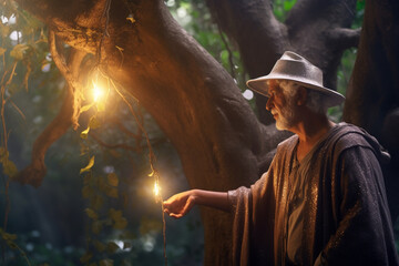 Male wizard with fire in hand in forest, illustration
