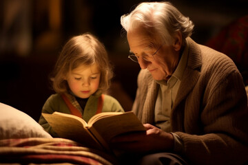 Grandfather and granddaughter reading book together in evening