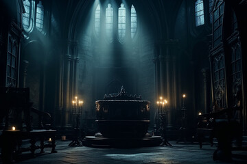 illustration of a mystical church hallway with fantasy candles.