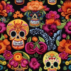 Fototapeta premium De Los Muertos Embroidery Digital Paper, Scull Seamless Pattern, Skeleton Needlework, Digital Embroidery, Tileable Mexican Embroidery