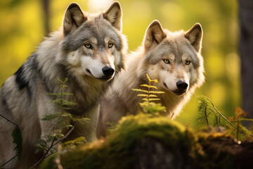 Obraz premium Wolves exploring their surroundings with attentive curiosity, depicting their inquisitive nature and the love that fuels their sense of exploration, love