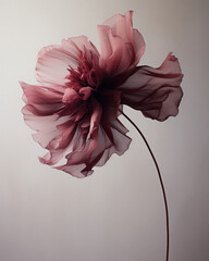 Autumn romantic, vintage minimal concept, muted color delicate silk fabric single flower, fluttering in the wind. White background.