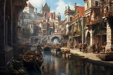 Fototapeta premium watercolor illustration of medieval port of european city