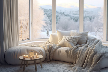Fototapeta na wymiar Stylish house interior with windows and soft blanket on bed