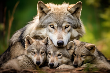 Obraz premium Wolves gathered around a resting pup, showcasing their nurturing instincts and the love that envelops the youngest members of the pack, love