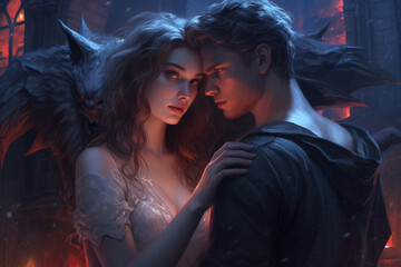 Illustration of two lovers, female and male in fantasy style