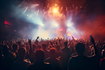 Fototapeta na wymiar Concert crowd dances beneath dazzling stage lights at music festival. Silhouette sensation.