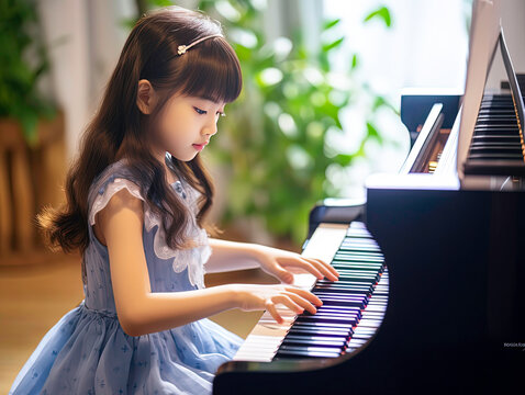 Little girl playing piano in the home.
