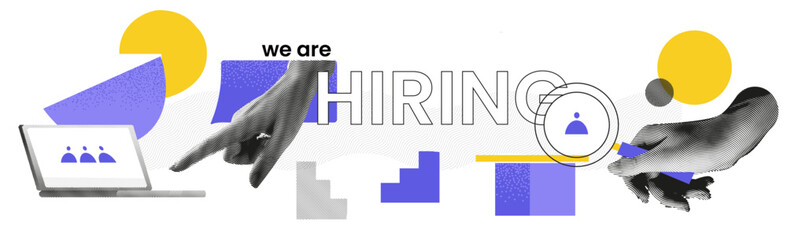 We are Hiring banner. Hands in collage style. Hr looking for employees online in laptop. Abstract background about work. Hand with magnifying glass. Vector illustration.