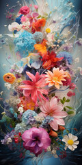 Fototapeta na wymiar Floral plant creative concept, flowers explosion in smoke and mist of delicate colors on pastel blue background. Romantic decoration.