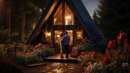 Obraz premium Couple staying at a romantic A frame cabin in the forest