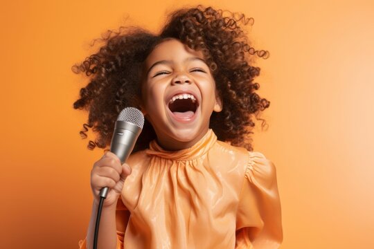 Medium shot portrait photography of a glad kid female dancing and singing song in microphone against a pastel orange background. With generative AI technology