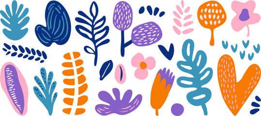 Set of modern artistic hand drawn doodle abstract nature and floral shapes. Trendy collage contemporary design elements.