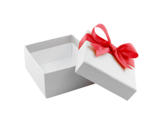 open grey gift box with cover tied red ribbon bow isolated on transparent