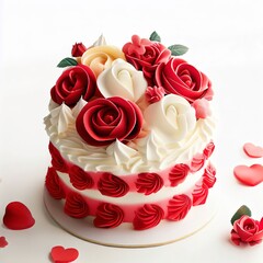 Red white cream cake with roses and hearts on white background