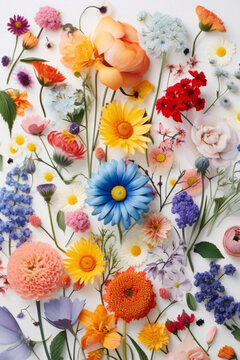 Fototapeta Colorful floral background, pile of picked fresh flowers, flat lay. Delicate spring colors fresh from the garden. Romantic blossomed flowers.