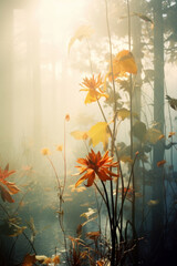 Fototapeta na wymiar Autumn landscape, brown withered nature in thick morning fog and smoke. Field flowers where the sun's rays reach. Untouched romantic nature.