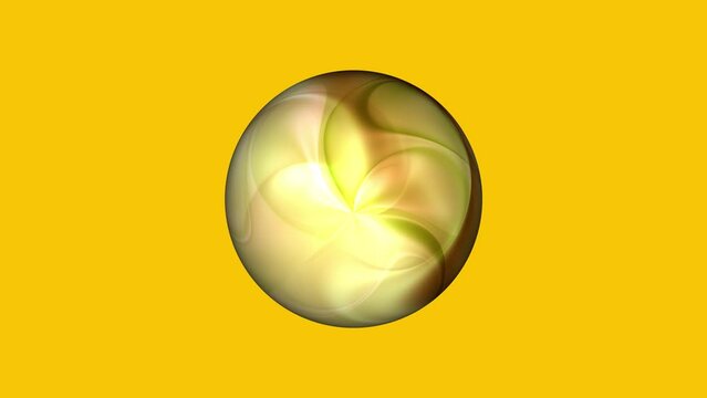 Abstract colorful sphere moving on the yellow background . Stripy color abstract sphere spinning isolate .