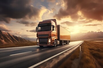 Obraz premium Truck driving on the asphalt road in rural landscape with dark clouds. Evening road.