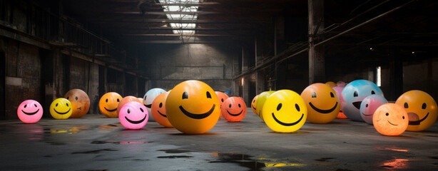 In a city street full of tall buildings in the city center, colorful pastel helium balloons fly into the sky, happiness and joy in a dull gray concrete environment.