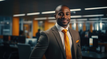 Fototapeta premium Portrait of a happy smiling black african american young businessman wearing a suit standing in an office