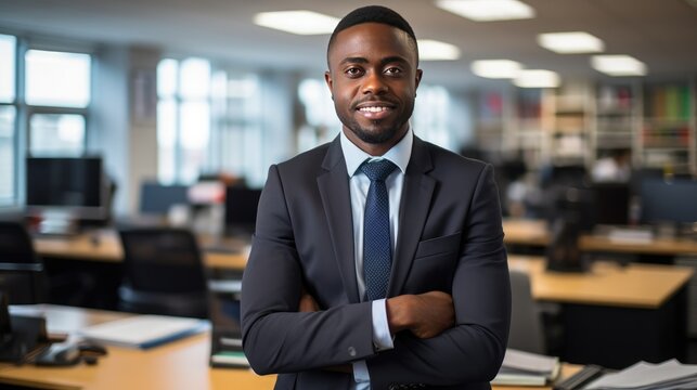 Portrait of a happy smiling black african american young businessman wearing a suit standing in an office