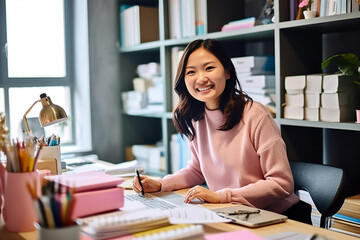 Young woman designer smiling. Portrait photo of woman interior designer working with material palette at her office. Doing some design work. Generative AI.