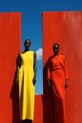 Autumn art fashion posing of slim beautiful women with model constitution in stylish fashion autumn outfit, minimal look of autumn warm colors and tones, yellow and red.