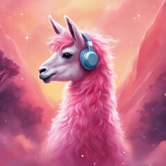 Pink alpaca with headphones. Generative AI.