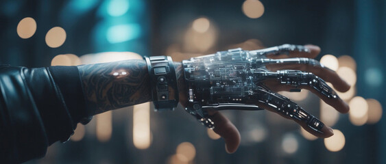 A half robot half human hand. Generative AI.