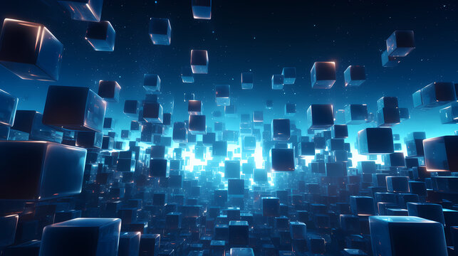Technology blue cubes particles. abstract background