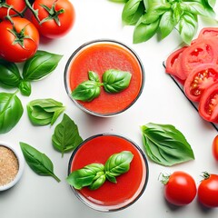 Blended fresh tomato juice with basil leaves in glasses and ingredients for its preparation on a white table. top view