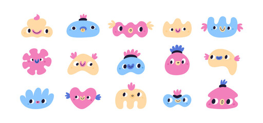 Set of various geometric figures and different shapes with face emotions. Hand drawn trendy  illustration for education kids.  Cute funny characters mascot vector set isolated white background