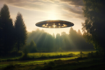 Fototapeta na wymiar Mystical Dawn Encounter: UFO Above a Serene Clearing