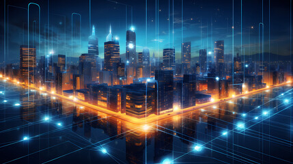 Fototapeta premium Transfer of resources between urban buildings, night city, dawn of lights, lights of thousands, urban lines 