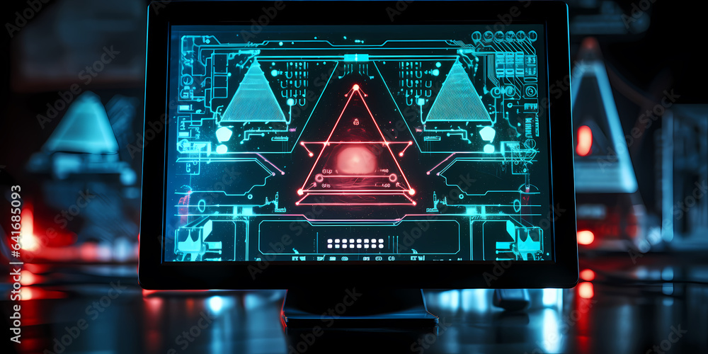Poster warning icon on a digital lcd display with reflection. concept of cyber attack, malware, ransomware,