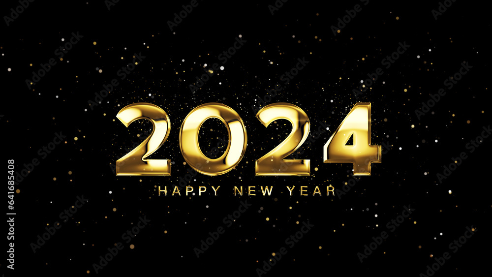 Wall mural happy new year 2024 golden particle bokeh black background new year resolution concept.