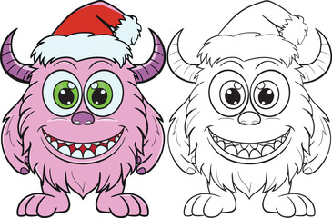 Cute Monster Cartoon with a Santa hat. Doodle colored, black and white for Christmas. Coloring book for adults and kids. Vector illustration