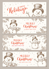 Winter holidays or Christmas background with snowman and snowflakes. Winter horizontal banner design collection. - 641685462