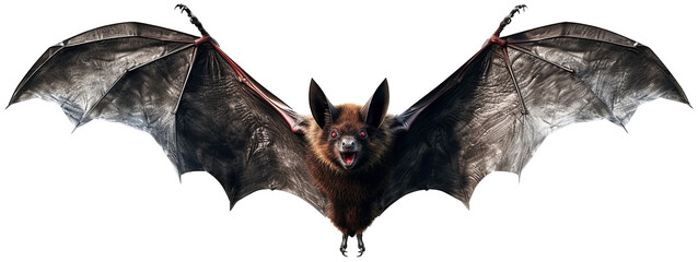 A creepy bat with red eyes in flight. A flutter of wings. Isolated transparent background. Generative Ai	 - obrazy, fototapety, plakaty