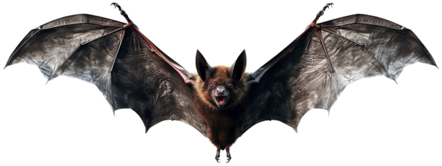 A creepy bat with red eyes in flight. A flutter of wings. Isolated transparent background. Generative Ai	