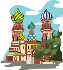 World sights. Travel to Europe—architectural building. The famous Orthodox Church of St. Basil Blessed is a well-known monument of Russian architect. Vector illustration isolated on white background.
