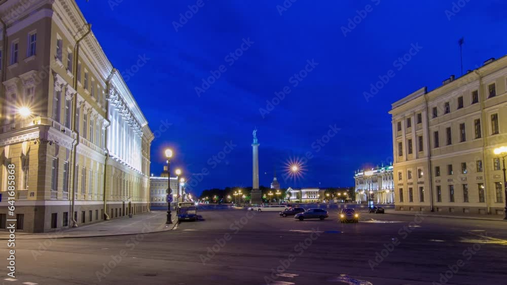 Poster night timelapse hyperlapse of palace square and alexander column in st. petersburg, russia. spectacu