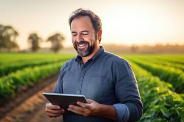 Naklejka na ściany i meble Digital Agro Analysis: Farmer Monitoring Growth and Weather