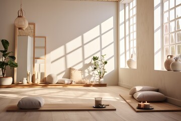 Fototapeta na wymiar Tranquil yoga studio setup with accessories in soft light, ideal for text overlay - Calm Corner - AI Generated