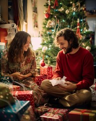 Joyful Couple Celebrating Christmas with Gifts by the Tree. Generative AI