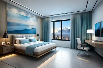 Modern sky blue color bedroom, minimal interior design, window with simple sky blue curtains