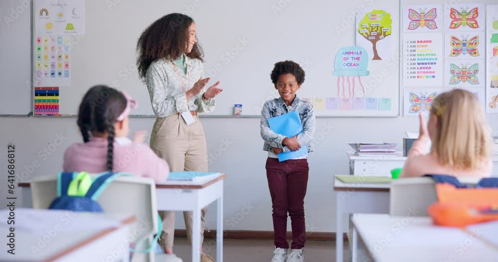 Aufkleber Class paper, presentation and child speaker with applause and cheering in classroom at school. Young kid, education and oral reading of project with student and teacher with children group discussion