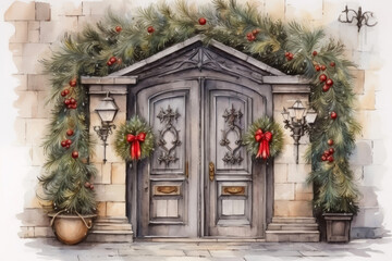 Fototapeta na wymiar Watercolor Winter Wonderland: Festive Door with Wreath