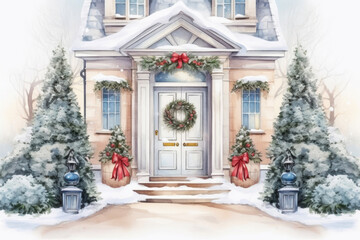Charming Watercolor Entryway: Christmas Door and Wreath